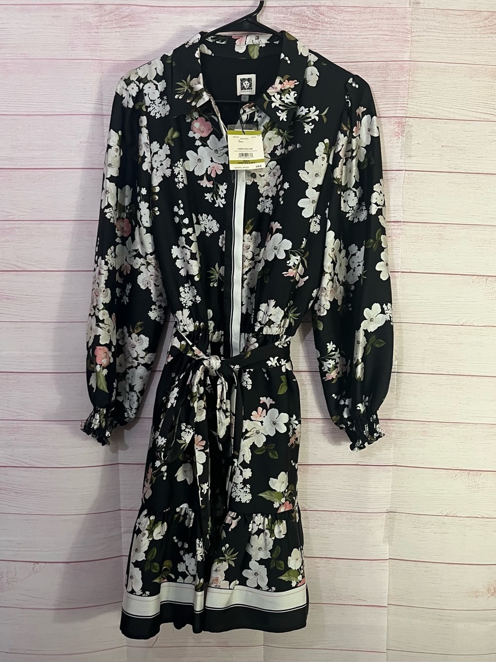 Anne Klein NWT Black Floral Long Sleeve Belted Pocket Shirt Dress Size 14